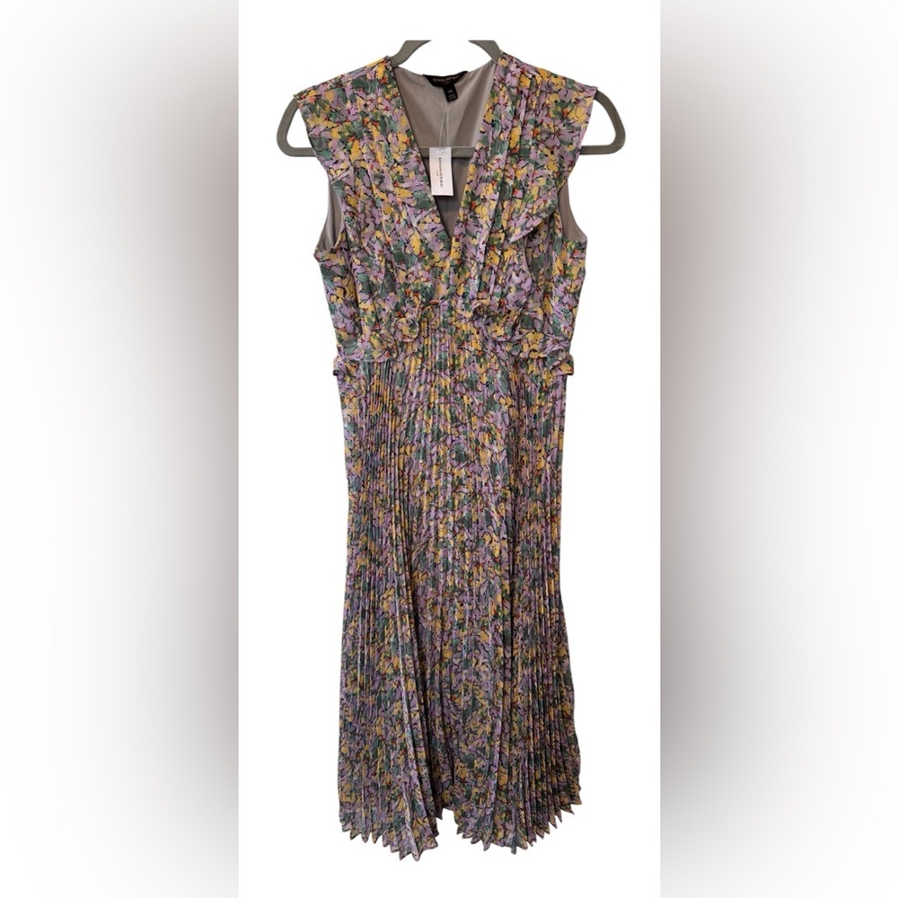 Banana Republic Sleeveless Floral Ruffle Pleated Midi Dress Sz XS Deep VNeck NWT - Picture 2 of 12